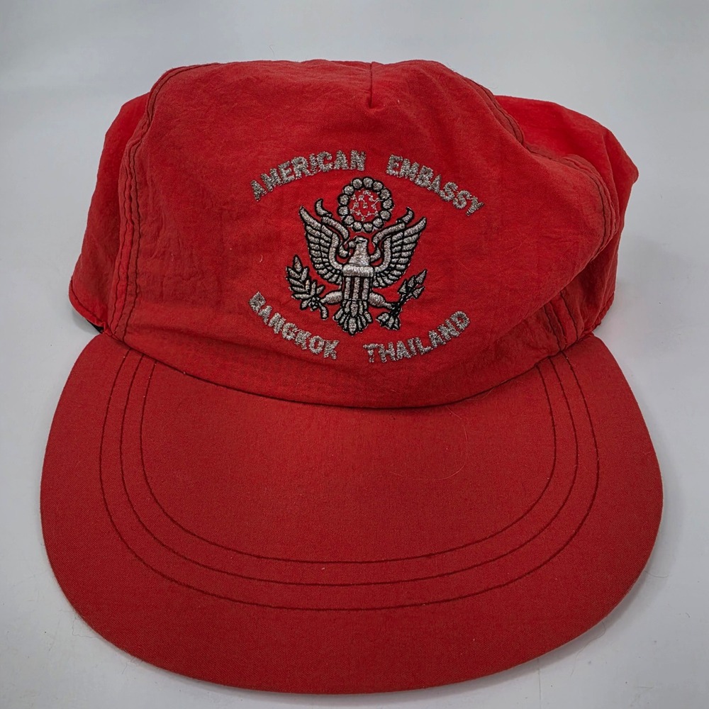 Vintage American Embassy Bangkok Thailand Hat Red Nylon Strapback Baseball Cap